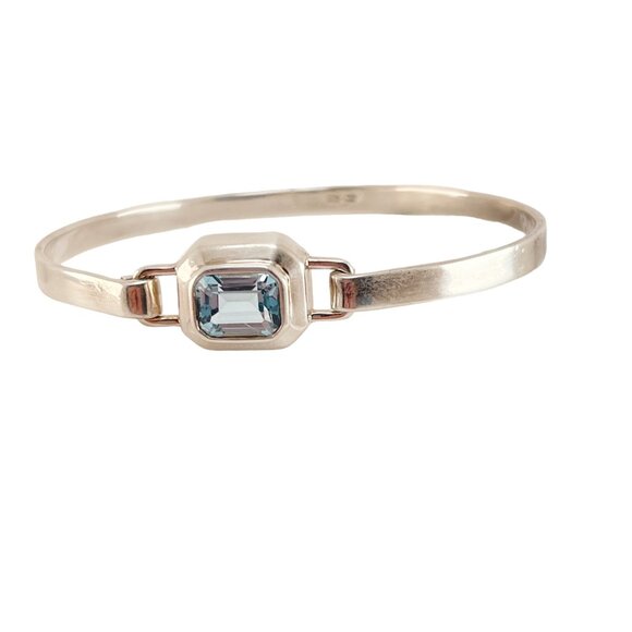 Blue Topaz Faceted, Rectangular Stone, Bezel Set Sterling Cuff Bracelet - Picture 5 of 11